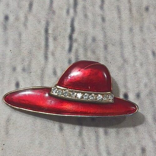 Vintage Red Hat Society Gold Tone Enamel Brooch Pin 2" Wide 1" Tall Sun Hat - $5.61