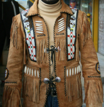 Men&#39;s American Tan Suede Leather Jacket Handmade Indian Beaded Cowboy Style Coat - £71.17 GBP+
