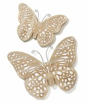 Butterfly Wall PlaquesTan Set of 2 Wood with Metal Antennae Nature Home Garden - $59.39