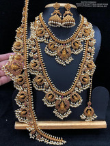 Bollywood Stile Placcato Oro Zirconia Sposa Perla Collana Jhumka Tikka Anca Belt - £291.55 GBP