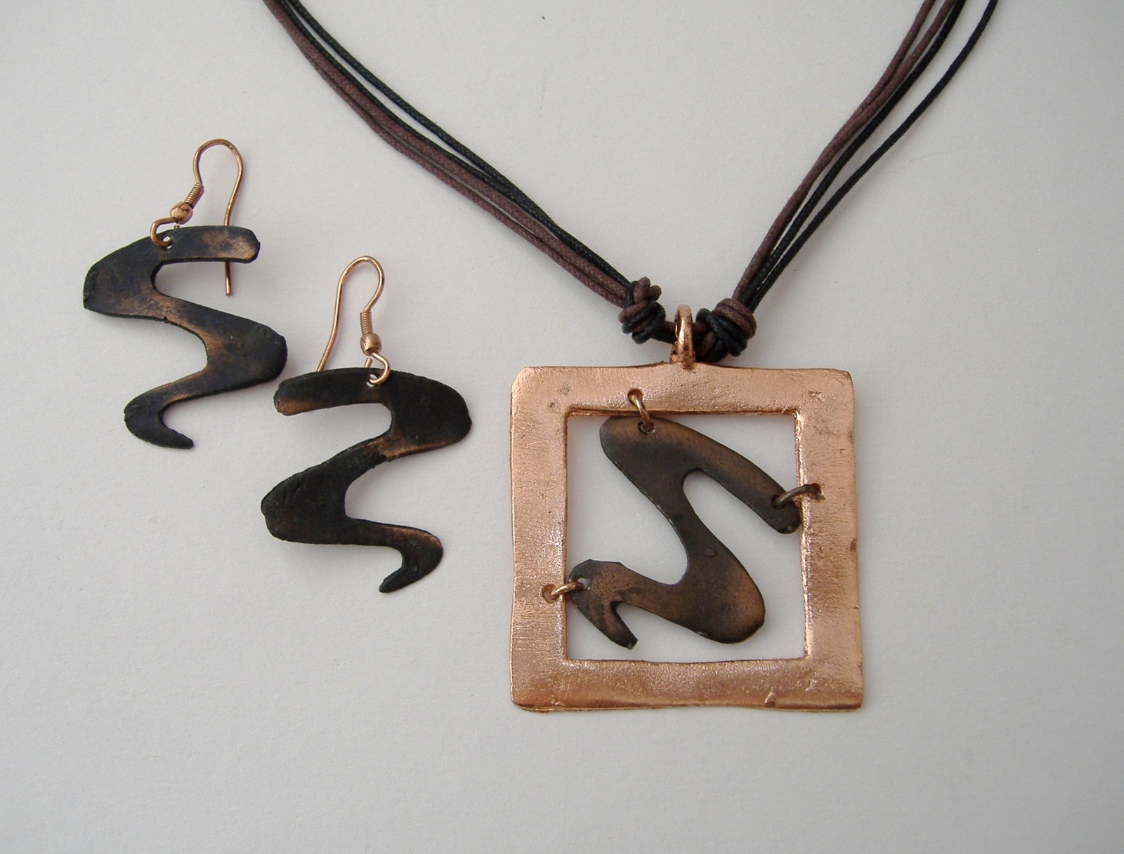 Primary image for Pewter Copper Earrings Necklace Set Square Pendant Cord Pierced Dangle Abstract