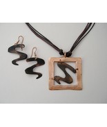Pewter Copper Earrings Necklace Set Square Pendant Cord Pierced Dangle A... - $45.00