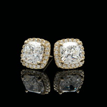 2 CT Halo Coussin &amp; Imitation Diamant Boucles D&#39;Oreilles 14k Jaune Plaqué Or - £61.16 GBP