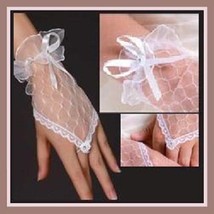White Fingerless Lace Short Bridal Gloves w/ Wrist Ribbon Ties - $33.95