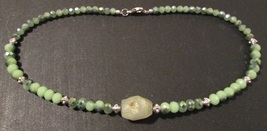 Beaded necklace, green beads, silver lobster clasp, 18.5 inches long - $19.00