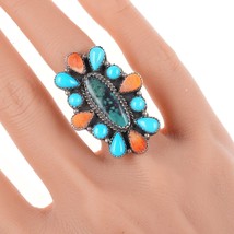 sz6.5 Vintage Navajo silver turquoise, and spiny oyster cluster ring - £145.76 GBP