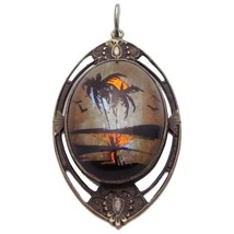 Vintage Art Deco Sterling Silver Butterfly Wing Palm Trees Ocean Sunset Pendant - £59.95 GBP
