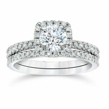 1CT Moissanite 14k White Gold-Plated Cushion Halo Engagement Bridal Ring Set - £73.36 GBP