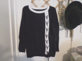 Grace Elements Women&#39;s Cotton Color Block Pullover Sweater Lace Up Blue Sz L NWT - £27.86 GBP