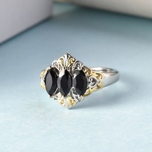 Natural Thai Black Spinel 3 Stone Ring in 18K Yellow Gold &amp; Platinum Plated Sz 5 - £15.26 GBP