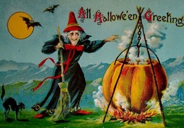 Halloween Postcard Witch Cauldron Vampire Bats Black Cat Fantasy Gottschalk 2276 - £92.63 GBP