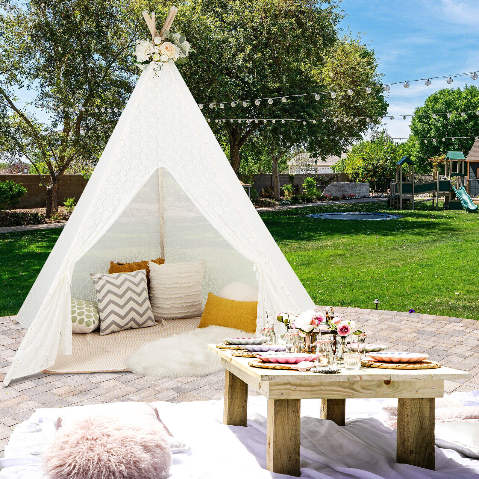 Primary image for 85" Height Luxury Lace Teepee Tent Super Large Teepee Tent w/ Shiny Star Lights