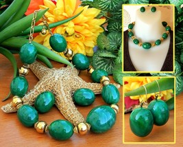 Vintage Trifari Necklace Earrings Set Large Green Gold Tone Beads   - $38.95