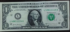 One US Dollar Bank Note w/ Quad 1111 Serial Number L49611114A - £3.98 GBP