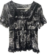 My Collection  Blouse Womens Size L Black White Short Sleeve Semi Sheer ... - £12.65 GBP