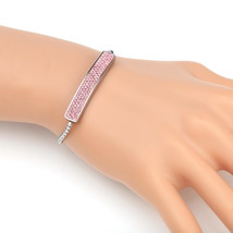 Silver Tone Bolo Bar Bracelet With Pink Swarovski Style Crystals - £25.65 GBP