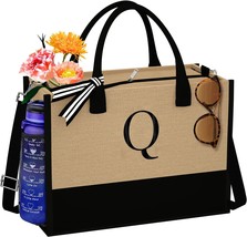 Jute Initial Tote Bag Burlap Beach Bag Personalized Birthday Gifts for Women Tea - £27.82 GBP