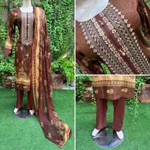 Pakistani Brown Printed Straight Shirt 3-PCS Lawn Suit w/ Threadwork ,XL - $49.50
