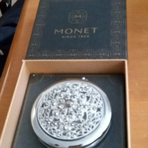 Monet Compact Double Mirror Silver Tone Garnet Crystal Flower - $17.52