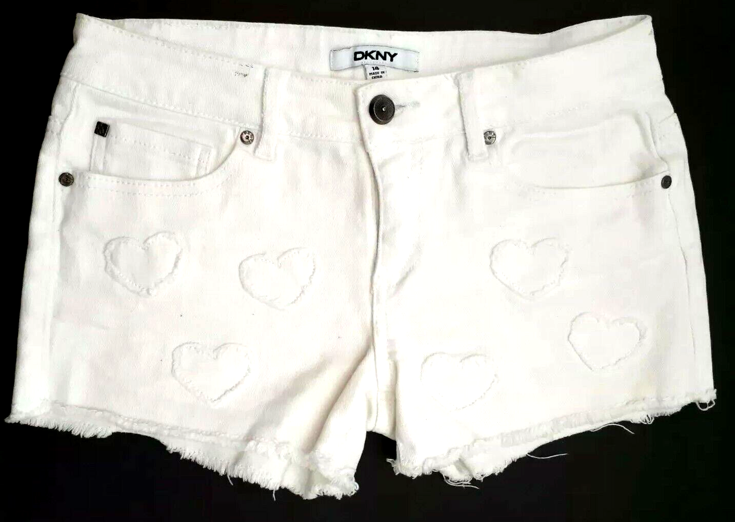 DKNY Girls’ White Denim Cut Off Shorts Size 14 White Embroidered Hearts  - $9.41