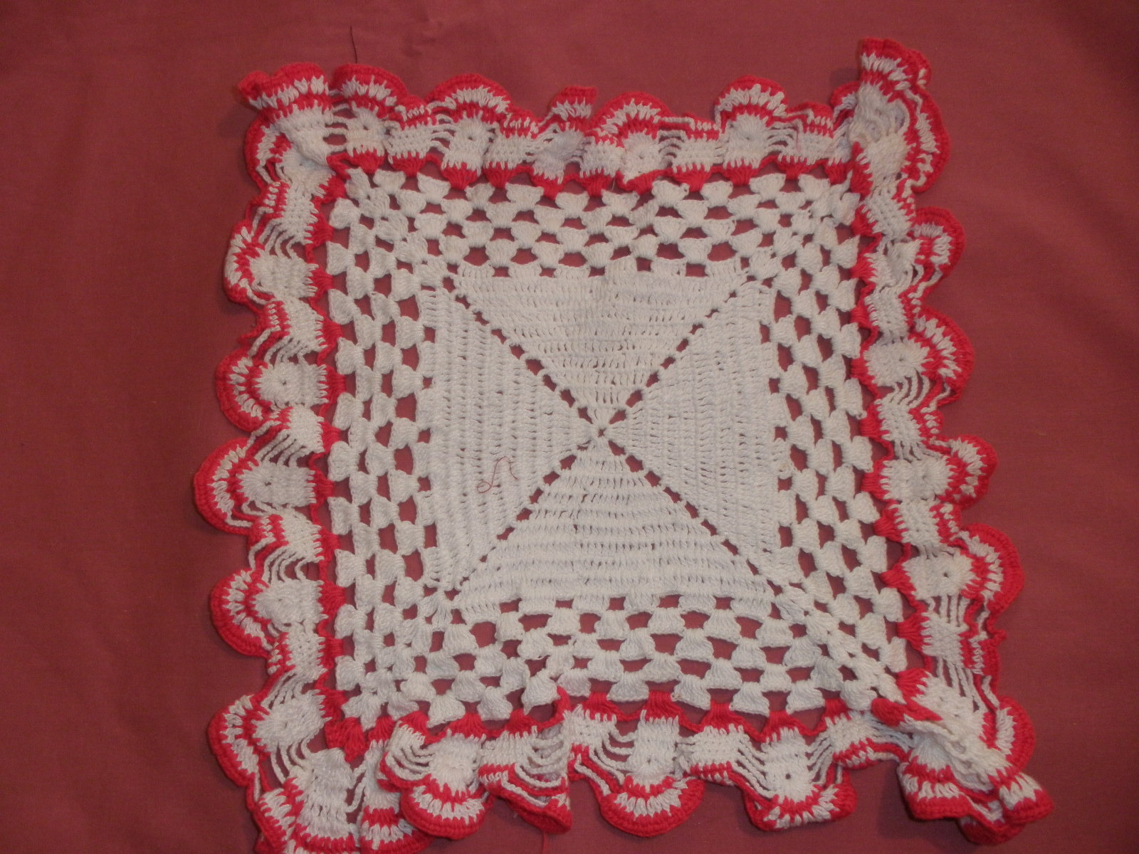 Square crochet doily vintage with red edging on white - $11.50