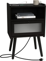 Black Soowery Mid Century Modern Nightstand With Charging Station, Bedside - £73.30 GBP