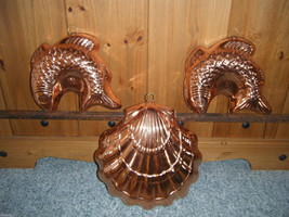 3 Lacquered Hanging Copper Molds Seashell &amp; Fish - Made in Portugal - $28.64