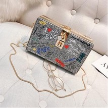 Letter Graffiti Box Design Pu Leather Party Clutch Bag Shoulder Chain Bag for Wo - £34.25 GBP