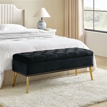 Mid-Century Modern End of Bed Storage Bench with Black Velvet Seat and Gold Legs - $331.49