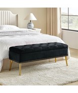 Mid-Century Modern End of Bed Storage Bench with Black Velvet Seat and G... - $457.83 CAD