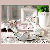 Silver Open Toe Italian Ankle Strap Low Heel Stiletto Rhinestone Leather Sandals