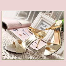 Gold Open Toe Italian Ankle Strap Low Heel Stiletto Rhinestone Leather Sandals