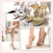 Gold Open Toe Italian Ankle Strap Low Heel Stiletto Rhinestone Leather Sandals image 2
