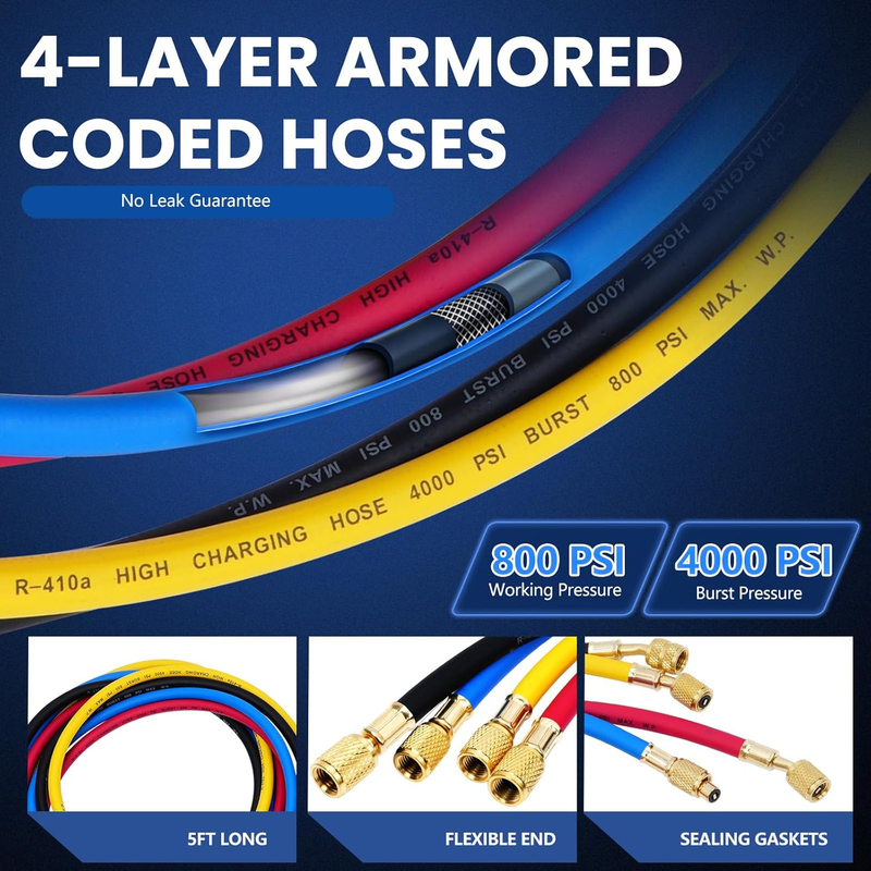 Automotive AC Gauges Set with Hoses,4 Way HVAC Manifold Gauge Set Compatible wit Item image 6