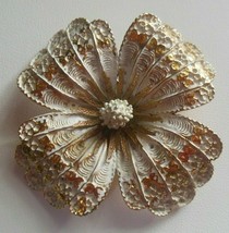 Vintage Designer Signed White Enamel Flower Brooch W/Gold-tone Accents - $28.70