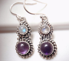 Round Amethyst and Moonstone 925 Sterling Silver Double Gem Earrings - £14.09 GBP