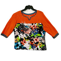 Onque Casuals Womens Floral Abstract Beaded 3/4 Sleeve Cotton Top Size Large - £8.76 GBP