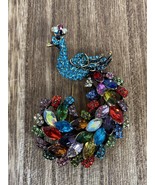 Multicolor Rainbow Rhinestone Peacock Brooch 2.5” Bird Pin Jewelry - £10.53 GBP