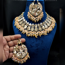 Bollywood Gold Plated Indian Choker Necklace Glass Kundan Pearl Jewelry Set - £52.37 GBP
