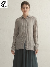 Women&#39;s linen striped loose long-sleeved shirt - $59.99