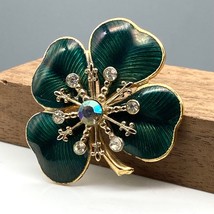 Vintage Green Shamrock Brooch, Lucky Four Leaf Clover Lapel Pin with Green - $28.06