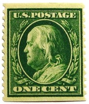 1910 1c Franklin, Green Coil Scott 387 Mint F/VF NH - $136.49