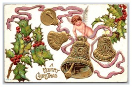 Bells Holly Cherub Ribbon Merry Christmas Gilt Embossed 1909 DB Postcard J18 - £3.34 GBP