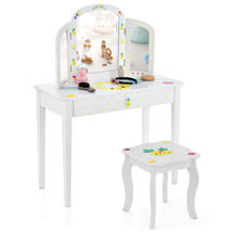 Kids Vanity Table Set with Tri-Folding Mirror and Large Drawer-White - $117.62