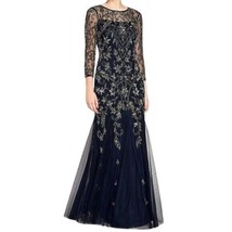 Adrianna Papell Beaded Illusion Midnight Blue Size 4 Long Sleeve Evening... - £249.20 GBP