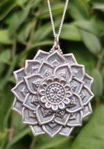 Mandala Lotus Flower Necklace Pendant 18&quot; Chain 925 Sterling Silver Sacred Boxed - £51.89 GBP