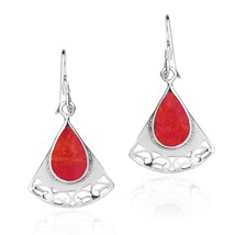 Triangle Swirls TearDrop Red Coral Sterling Silver Dangle Earrings - £17.08 GBP