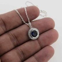 Bezel Set Halo Pendant 1.15Ct Lab Created Blue Sapphire in Solid 14k White Gold - £178.48 GBP