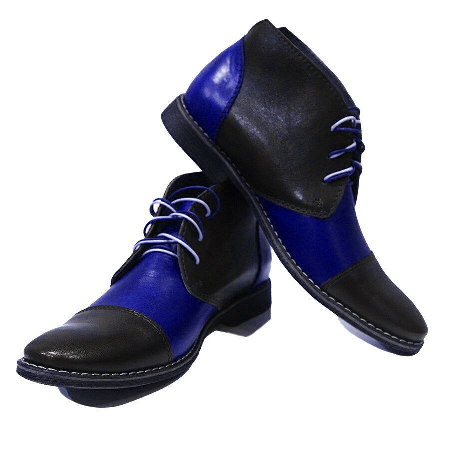 High Ankle Blue Black Color Cape Toe Derby Chukka Leather Boots For Men US 7-16