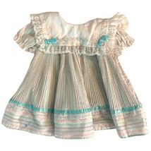 Vintage 80s Baby Girl 12 Month Party Bib Dress Striped Easter Pastel Bow... - $32.89